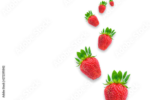 Top view of fresh ripe strawberry on white background. Berries trendy pattern. 