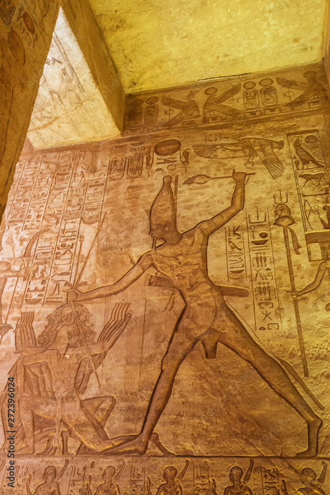 Obraz premium Depiction of Ramesses II killing an enemy at the battle of Kadesh in the Great Temple of Abu Simbel