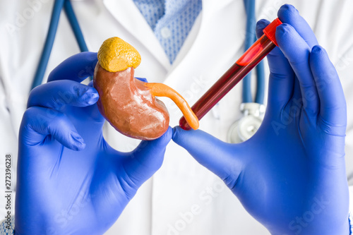 Laboratory medical diagnostics, tests for kidneys, adrenal hormones concept photo. Doctor or laboratory technician holds in one hand laboratory test tube with blood, in other hand - figure of kidney