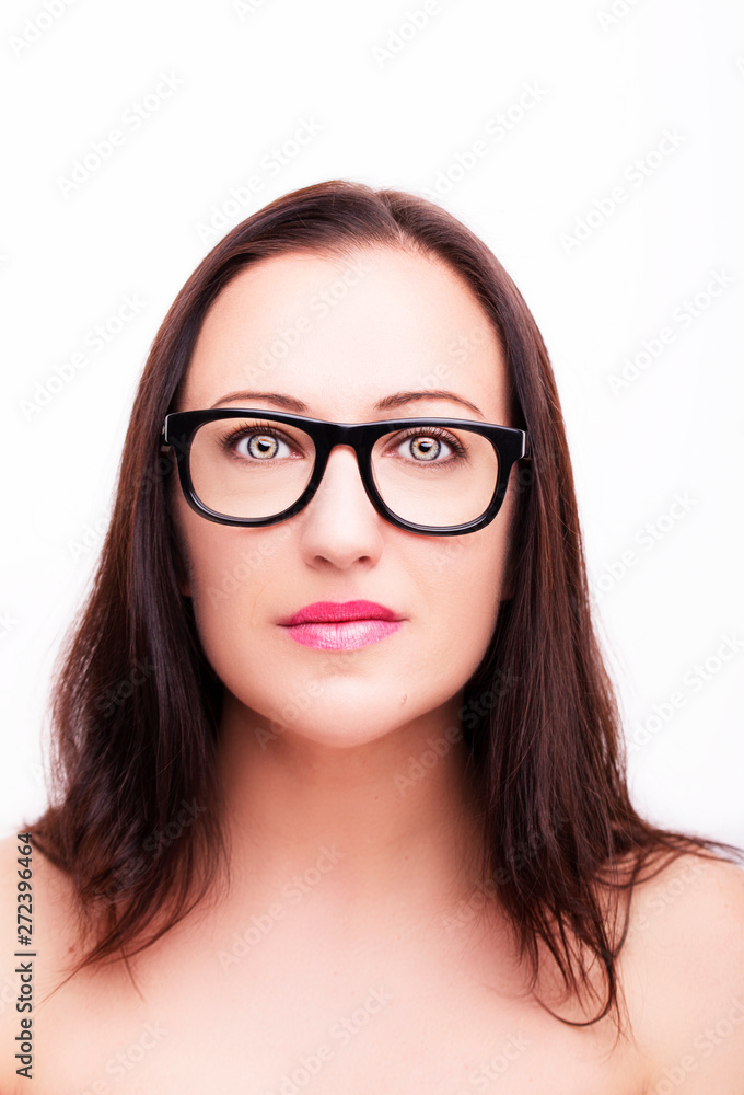 Beautiful young woman wearing glasses close-up isolated on white background Beautiful young woman wearing glasses close-up isolated on white background