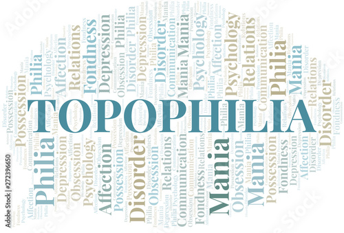 Topophilia word cloud. Type of Philia.