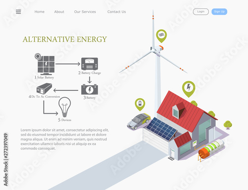 connection infographics, isometric vector illustration of a smart house powered by solar energy and with a wind turbine near the house, eco technology concept