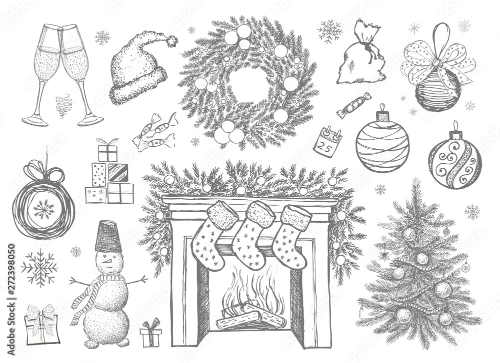 Fototapeta premium Set of Christmas design element in doodle style. Hand drawn. 