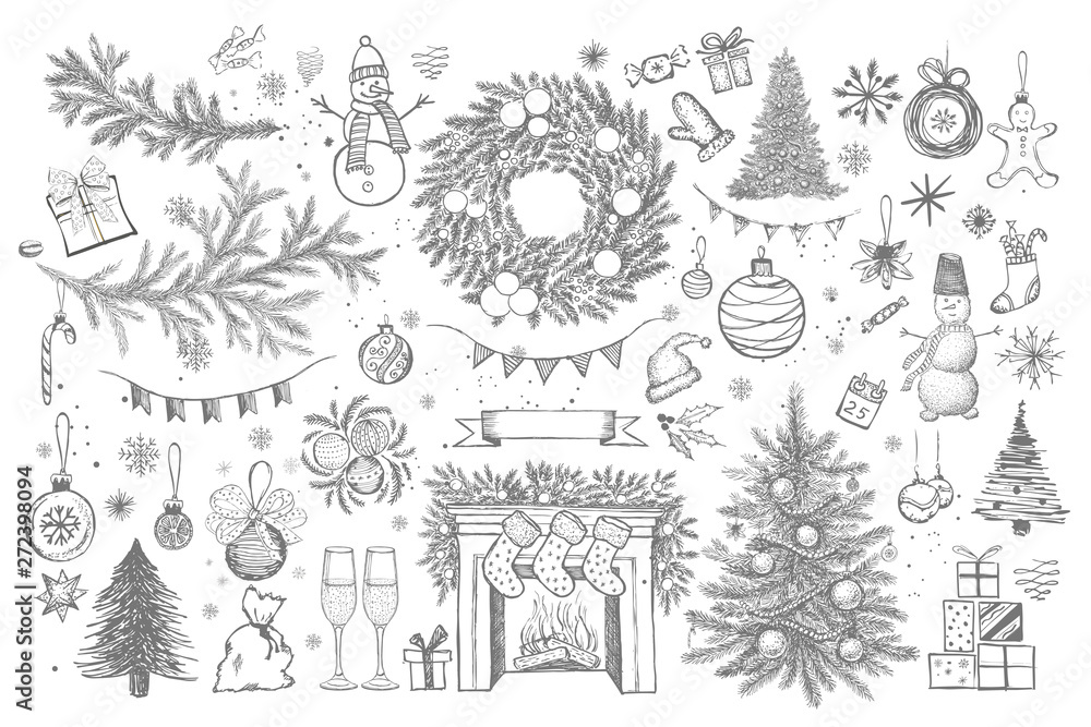 Set of Christmas design element in doodle style. Hand drawn.  - obrazy, fototapety, plakaty 