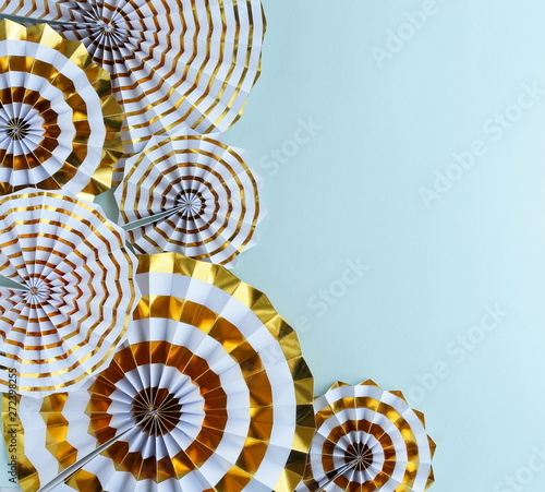 christmas or new year frame decorations in gold colors on pastel blue color b...