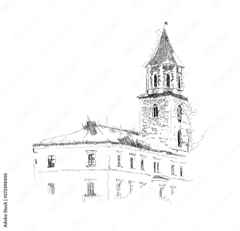 Vector sketch of European building, old tower, hand drawn illustration in black and white colors