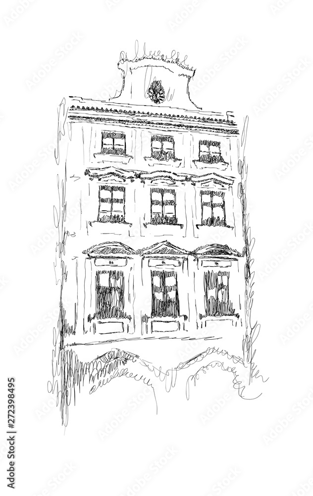 Vector sketch of European building hand drawn illustration in black and white colors