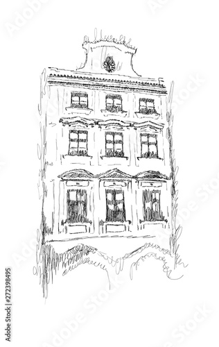 Vector sketch of European building hand drawn illustration in black and white colors