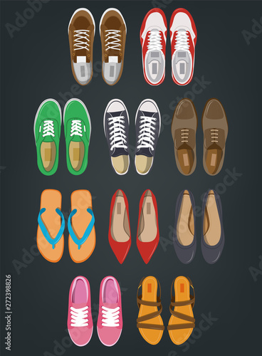 Men's and Women's shoes top view. Shoes icons. Sneakers and Slippers collection. Vector