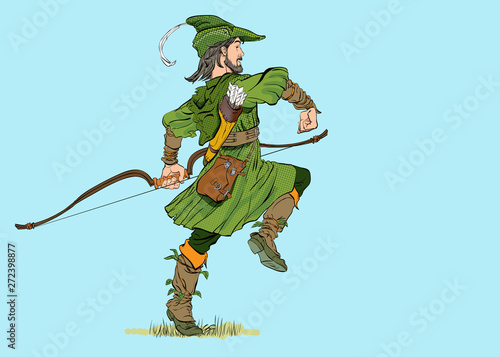 Marching Robin Hood. Robin Hood in a hat with feather. Defender of weak. Medieval legends. Heroes of medieval legends. Halftone background.