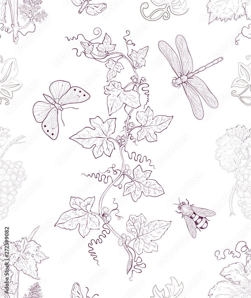 Fototapeta premium Vine and insects seamless pattern