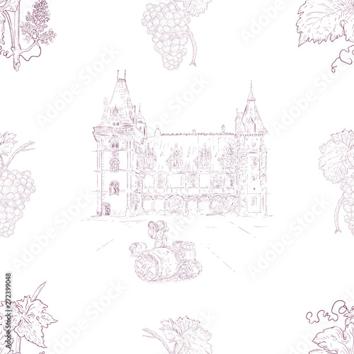 Hand drawn castle and wine barrels seamless pattern. Vintage engraving style