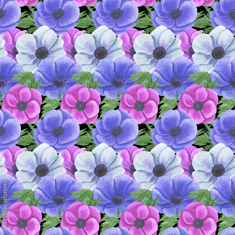 Seamless pattern with watercolor flowers Anemone Illustration of leaf sprigs Floral leaf textures handmade Digital paper Textile Wallpaper Seamless pattern with watercolor flowers Anemone Illustration of leaf sprigs Floral leaf textures handmade Digital paper Textile Wallpaper