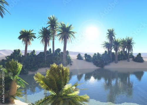 Oasis in the desert at sunset, a pond with palm trees in the sands under the sun, 3d rendering