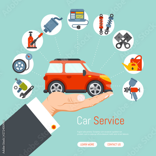 Car garage service repair station banner mechanic vehicle auto on hand concept vector illustration. Transportation technician mechanical inspection engine shop.