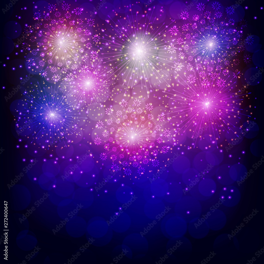 Firework for holidays. Sparkling in dark sky. Fireworks for festive events, new year, Christmas, 4th July. Illustration.