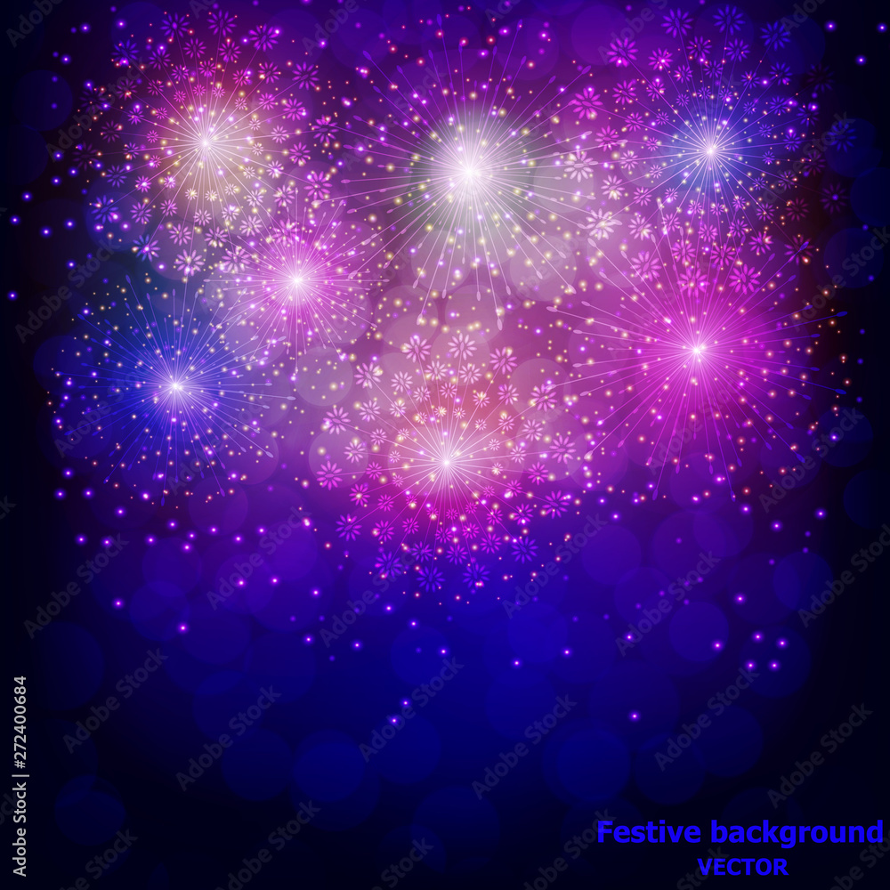 Firework for holidays. Sparkling in dark sky. Fireworks for festive events, new year, Christmas, 4th July. Vector illustration.