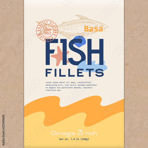 Fish Fillets. Abstract Vector Fish Packaging Design or Label. Modern Typography, Hand Drawn Pangasius or Basa Silhouette and Colorful Elements. Craft Paper Background Layout