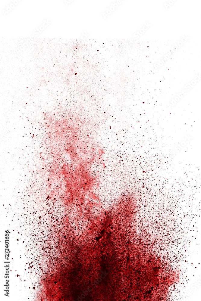 Red powder explosion on white background. Colored cloud. Colorful dust explode. Paint Holi.