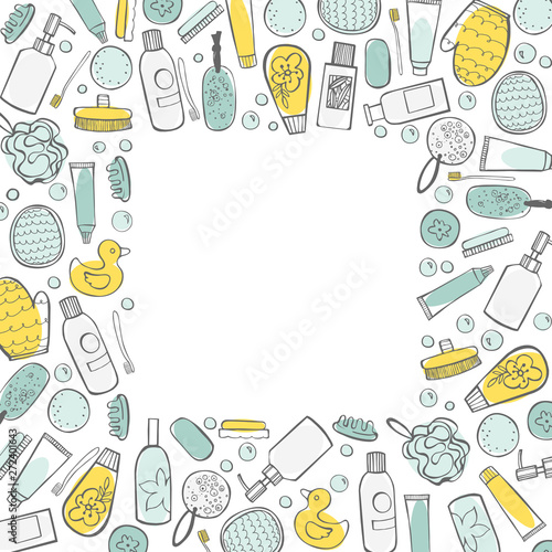 Vector frame with bathroom items. Sketch  illustration