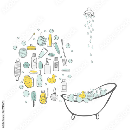 Bath set. Bathroom items. Vector sketch  illustration.
