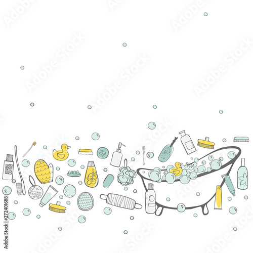 Bath set. Bathroom items. Vector sketch  illustration.