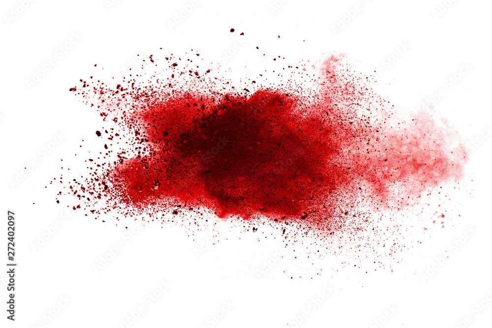 Red powder explosion on white background. Colored cloud. Colorful dust explode. Paint Holi.