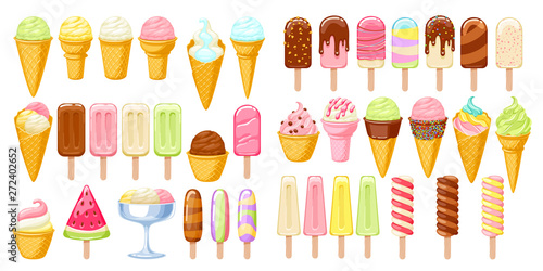 Papier peint Ice cream set. Colorful ice-cream cones and popsicles.