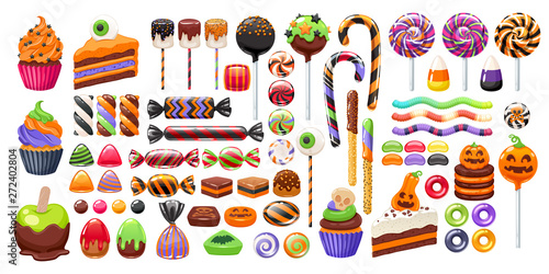 Halloween sweet treats set. Candies and snacks.