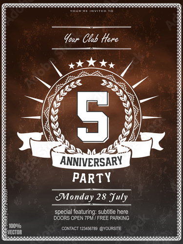 5th-anniversary logo &pattern with floral ornament, geometric elements, and ribbon on a brown grunge. Vintage concept background, art template, retro elements, logo, labels, layout, badge