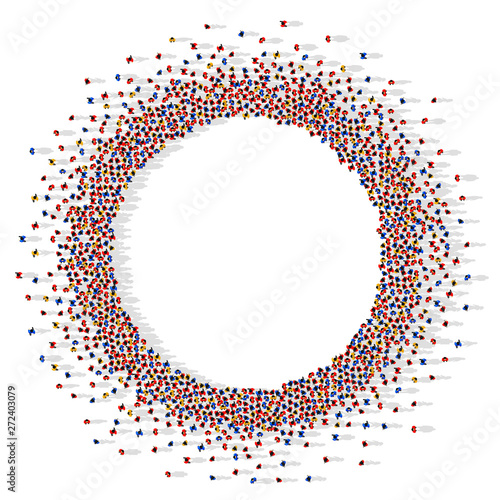 A lot of people stand in a circle on a white background