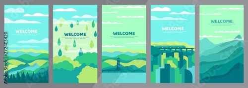 Set of wallpaper for vertical orientation. Vector abstract background. Minimalistic concept. Landscapes in eco style with copyspace