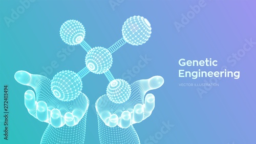 Molecule in hands. Dna, atom, neurons. Molecules and chemical formulas. 3D Scientific molecule background for medicine, science, technology, chemistry, biology. Vector illustration.