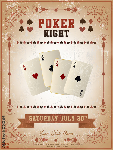 Poker Night party template or flyer design decorated with floral pattern, chips and playing cards element on grunge background. Design template with sample text for promoting your events