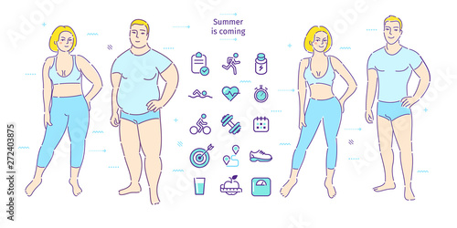Concept of healthy lifestyle. Fat man and woman lose weight. Before and after.