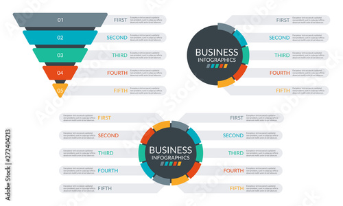 Infographic set. Sale and Marketing Funnel. Sequence info graphic layout. Business pyramid, process presentation concept. Circle diagram, chart, graph with steps, option or parts. Vector illustration.
