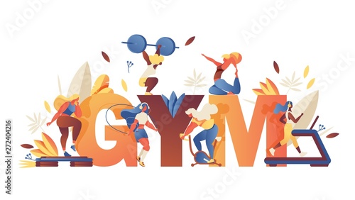 Concept illustration with large word gym and girls doing sport training, leaves and greenery isolated on white background. Creative lettering with contemporary characters