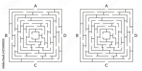 Labyrinth game. Square Maze. Find the way game. Exit and entrance puzzle. Vector illustration. 