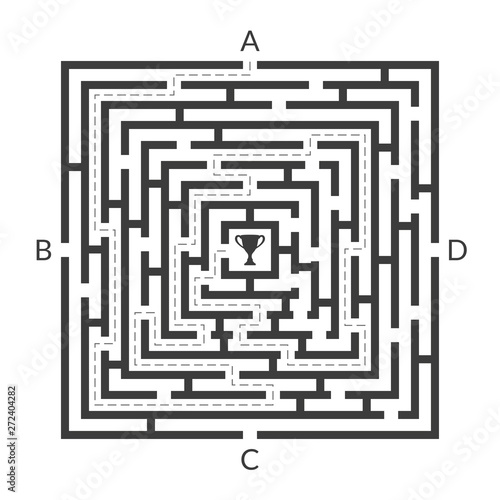 Labyrinth game. Square Maze. Find the way game. Exit and entrance puzzle. Vector illustration. 
