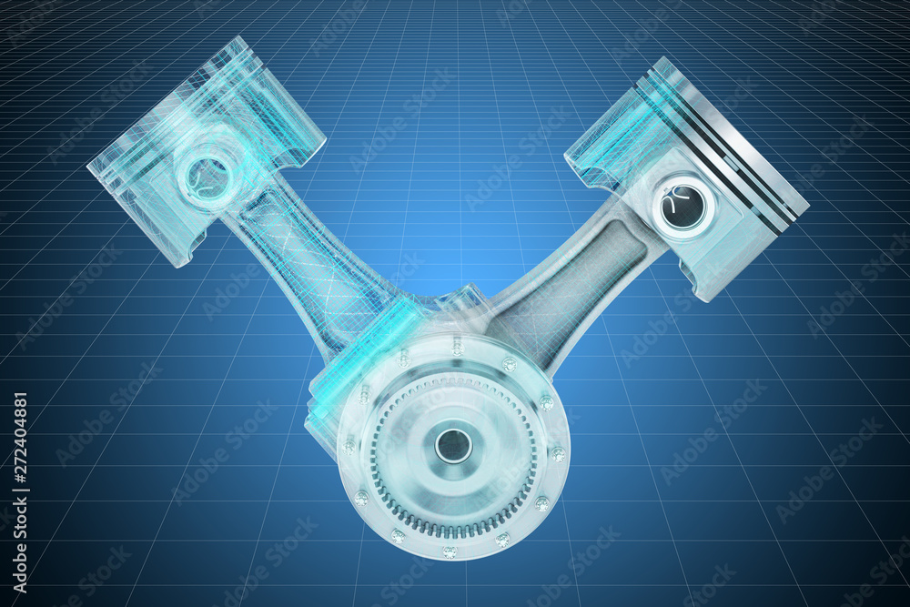 Visualization 3d cad model of V2 engine pistons, blueprint. 3D rendering Visualization 3d cad model of V2 engine pistons, blueprint. 3D rendering