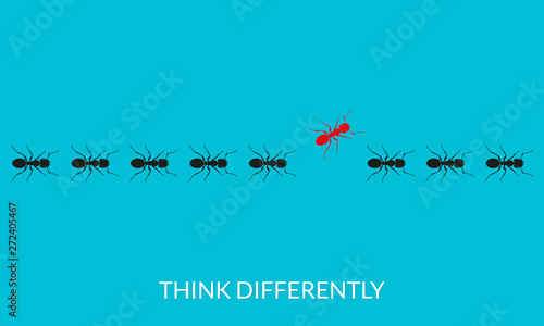 Think differently concept. A red ant going different way from black ants. Changing direction, different, unique, leadership, new idea, innovation, be yourself business metaphor. Vector illustration.