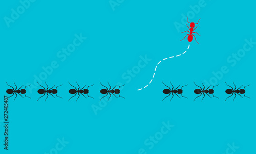 Think differently. Ants marching or walking and one changing direction. Different, unique, leadership, change, new idea, new path, innovation, be yourself business concept. Vector illustration.