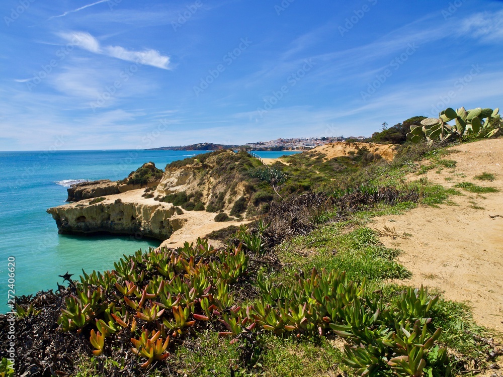 Paradise beach in Albufeira city in Portugal with wonderful nature, dunes and beach