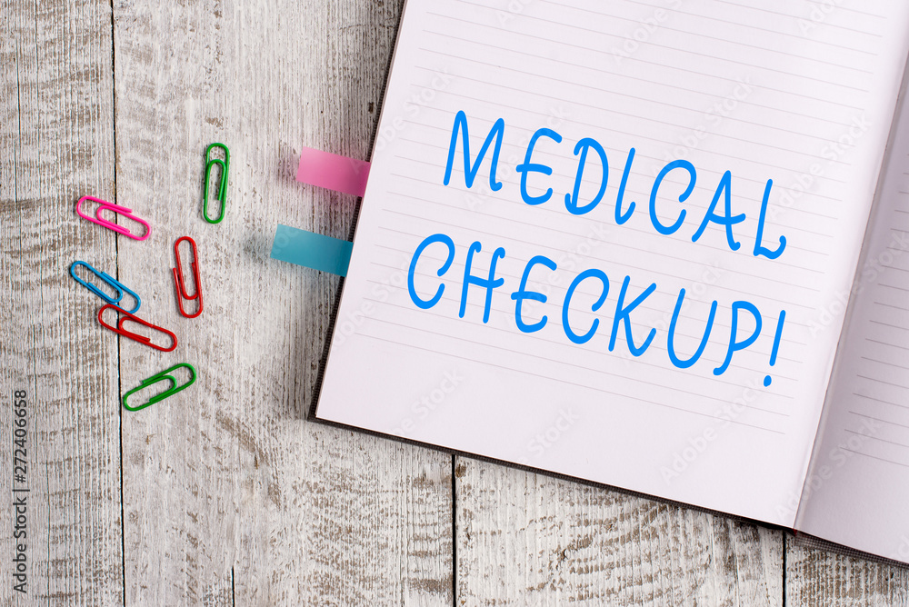 Text sign showing Medical Checkup. Business photo text thorough physical examination includes variety of tests Thick pages notebook stationary placed above classic look wooden backdrop Text sign showing Medical Checkup. Business photo text thorough physical examination includes variety of tests Thick pages notebook stationary placed above classic look wooden backdrop