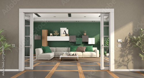 Fotografi Modern living room with sliding door and elegant sofa