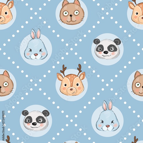 Colorful seamless pattern with muzzles of animals. Background with cute cat  deer  bunny and panda
