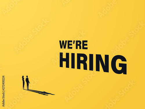We are hiring business vector concept with businessman and woman and 3d text. Symbol of recruitment, career opportunity, vacancies. Job offers banner, poster template.