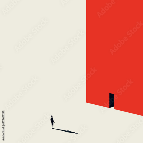 Business or career opportunity vector concept with man walking to door in wall. Minimalist art style. Symbol of achievement, challenge, success, chance, new beginning.