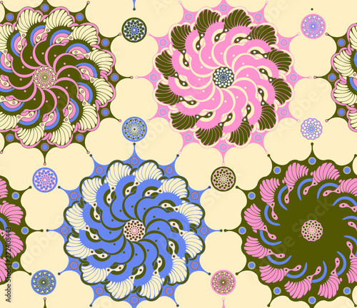 seamless floral mosaic of stylized peonies in pink blue shades