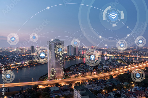 Smart city and wireless communication network concept. Digital network connection lines